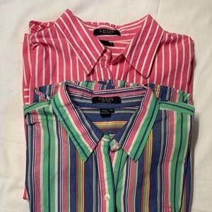 Lot of 2 Chaps Women's Preppy Pink and Multicolor Striped Button Up Shirts XL